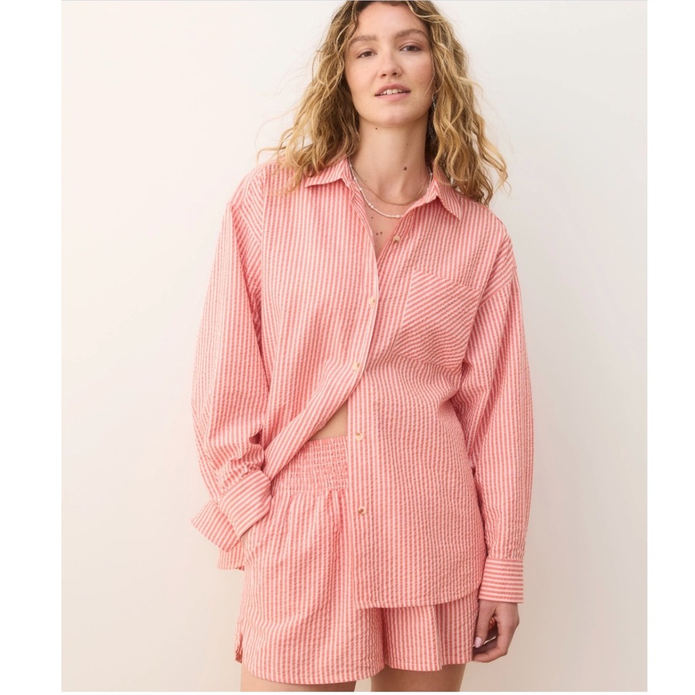 Marine Layer Gracey Oversized Seersucker Shirt Medium vacation coastal‎ beach
